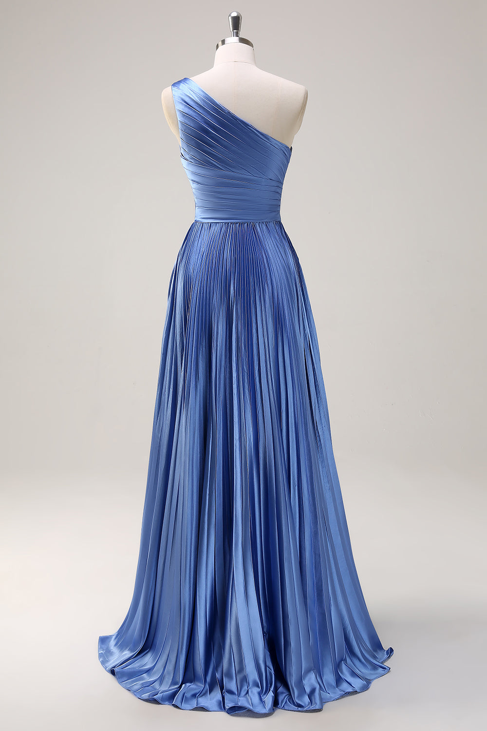 Robe longue bleu fendue à une épaule avec volants plissés