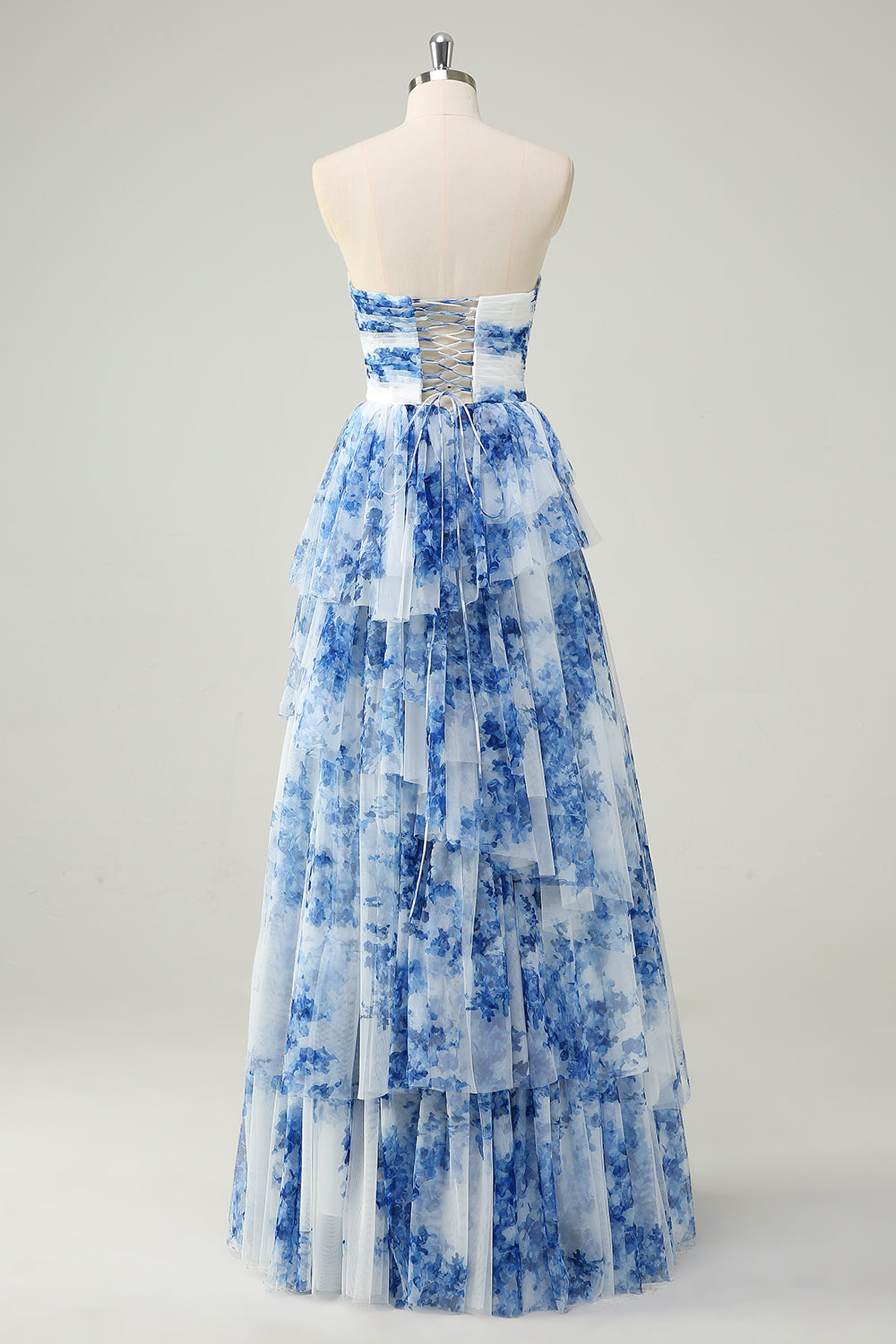 Robe de soirée blanche et bleue à fleurs, A-ligne et sans bretelles à volants