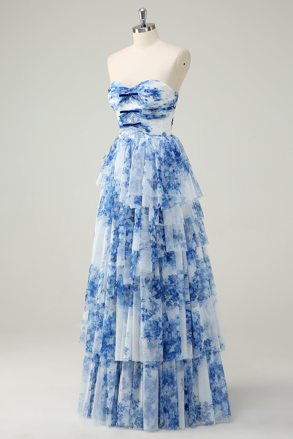 Robe de soirée blanche et bleue à fleurs, A-ligne et sans bretelles à volants