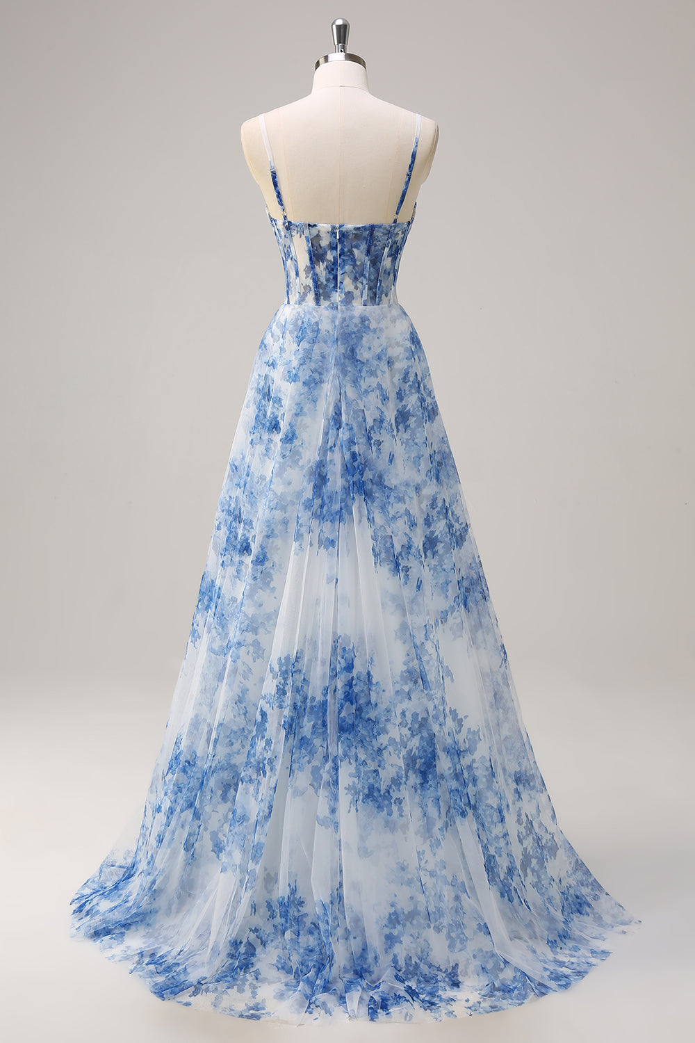 Robe longue blanche à fleurs bleues avec corset, fente et bretelles fines