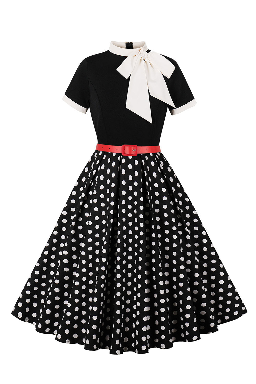 Robe noire à pois style années 50, A-ligne, manches courtes et ceinture