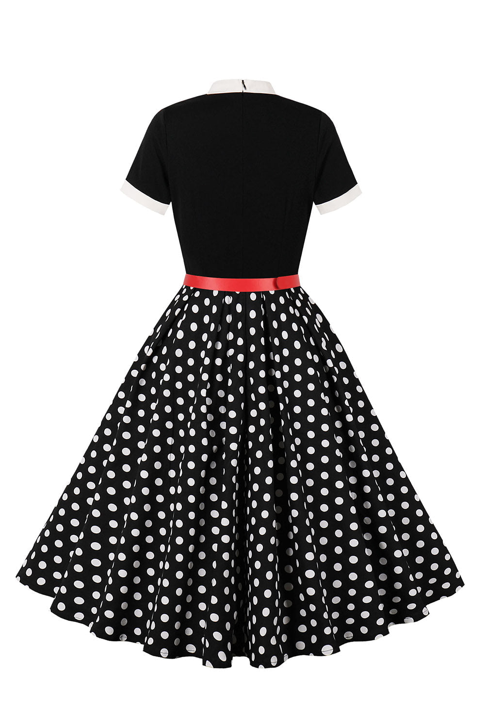 Robe noire à pois style années 50, A-ligne, manches courtes et ceinture
