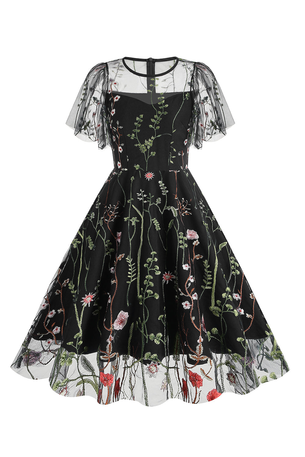 Robe abricot en tulle imprimé, A-ligne à manches courtes style années 50