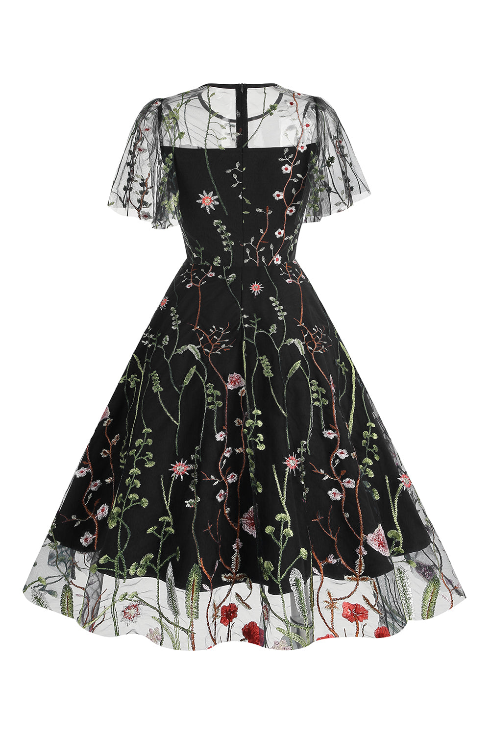 Robe abricot en tulle imprimé, A-ligne à manches courtes style années 50