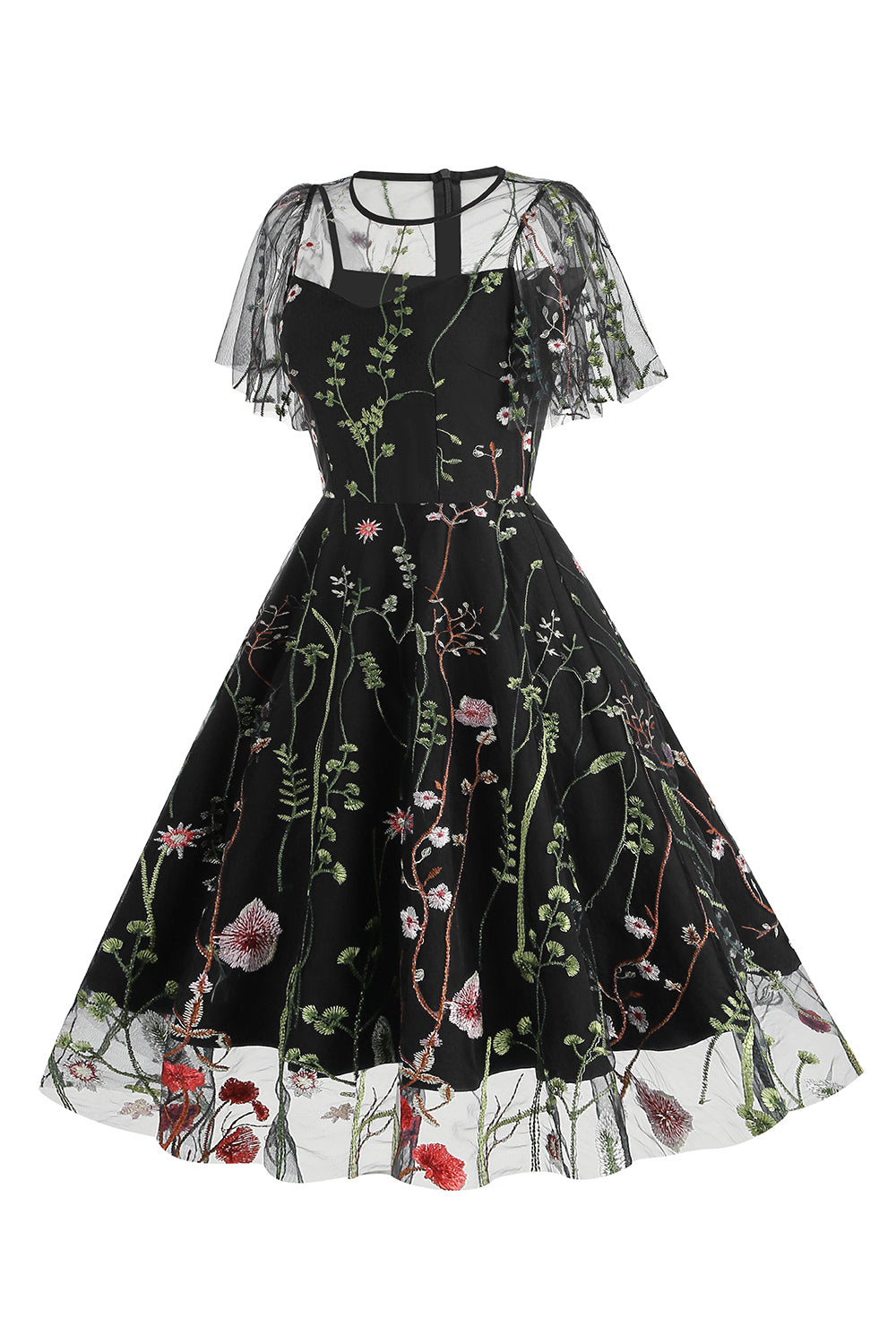 Robe abricot en tulle imprimé, A-ligne à manches courtes style années 50