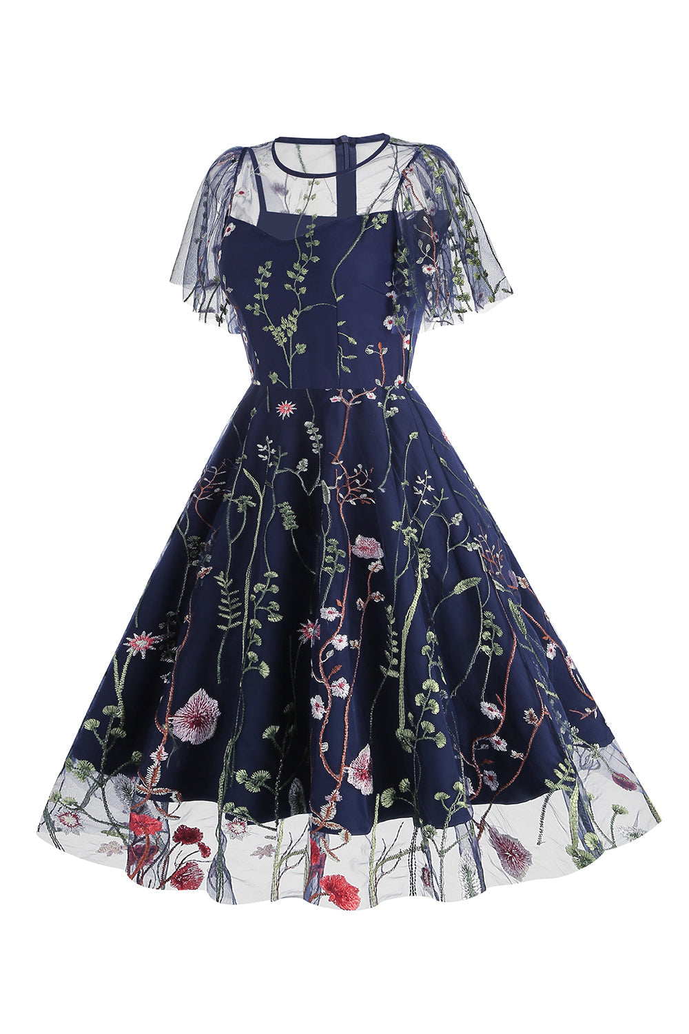 Robe abricot en tulle imprimé, A-ligne à manches courtes style années 50