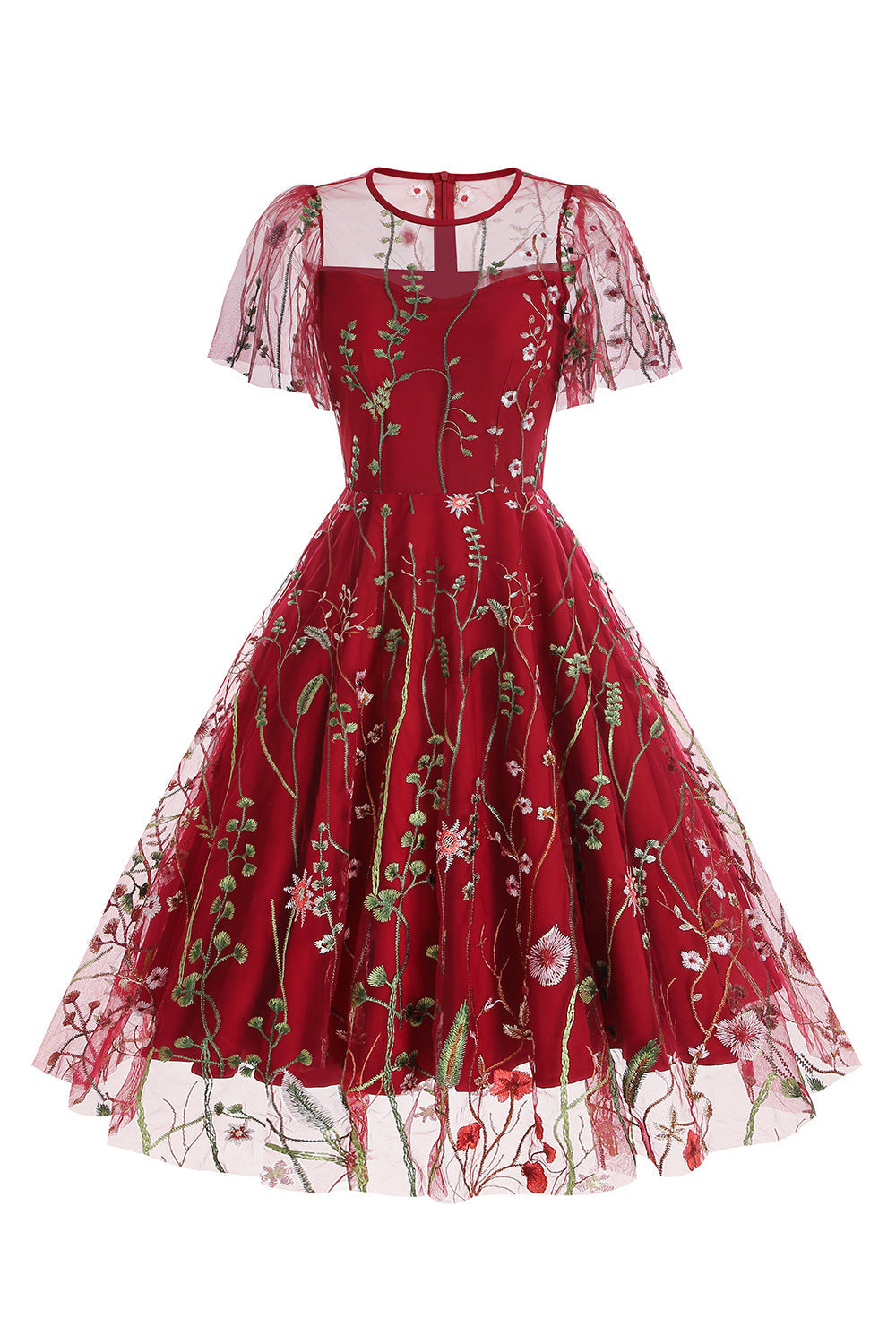 Robe abricot en tulle imprimé, A-ligne à manches courtes style années 50