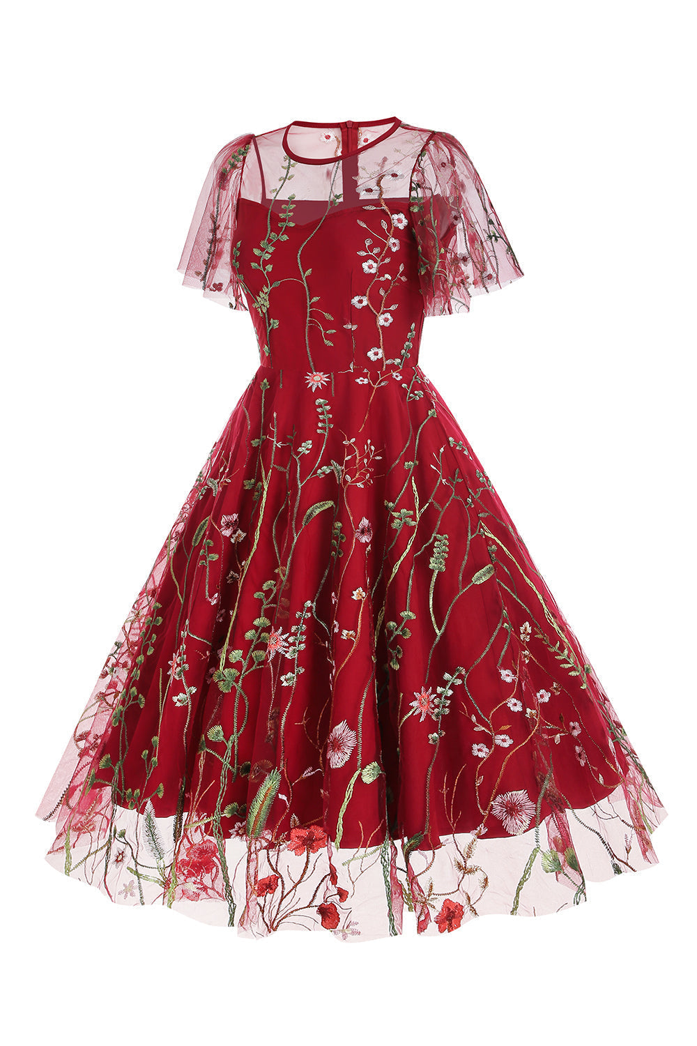 Robe abricot en tulle imprimé, A-ligne à manches courtes style années 50