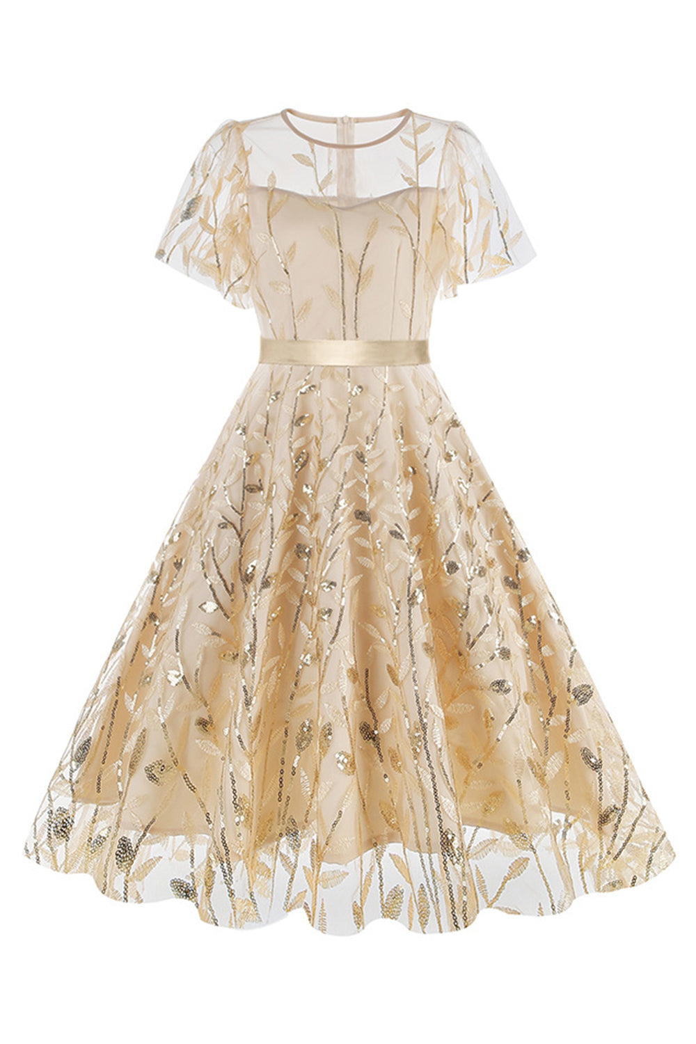 Robe vintage abricot élégante à paillettes et broderies feuillage en maille