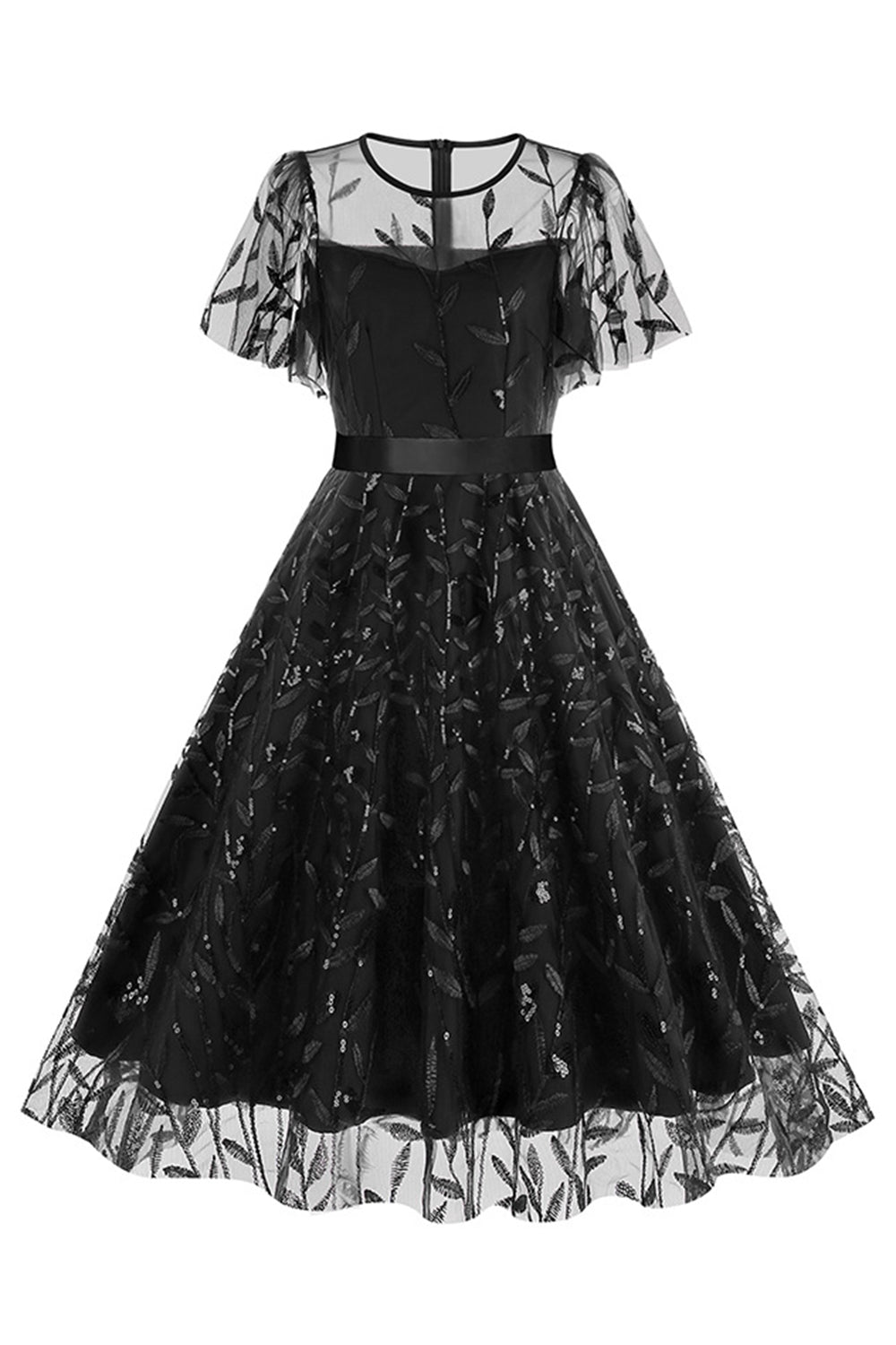 Robe vintage abricot élégante à paillettes et broderies feuillage en maille