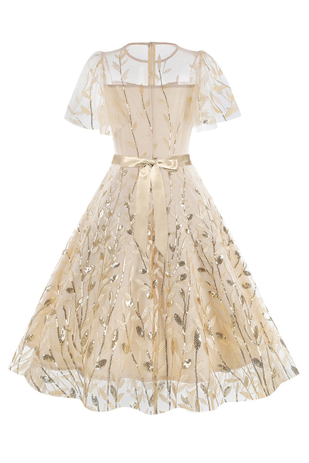 Robe vintage abricot élégante à paillettes et broderies feuillage en maille