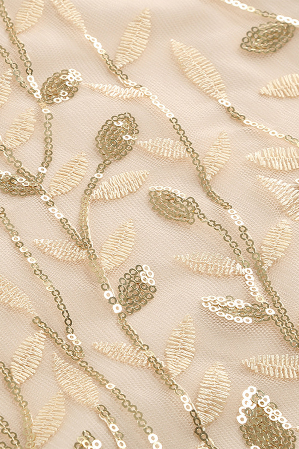 Robe vintage abricot élégante à paillettes et broderies feuillage en maille