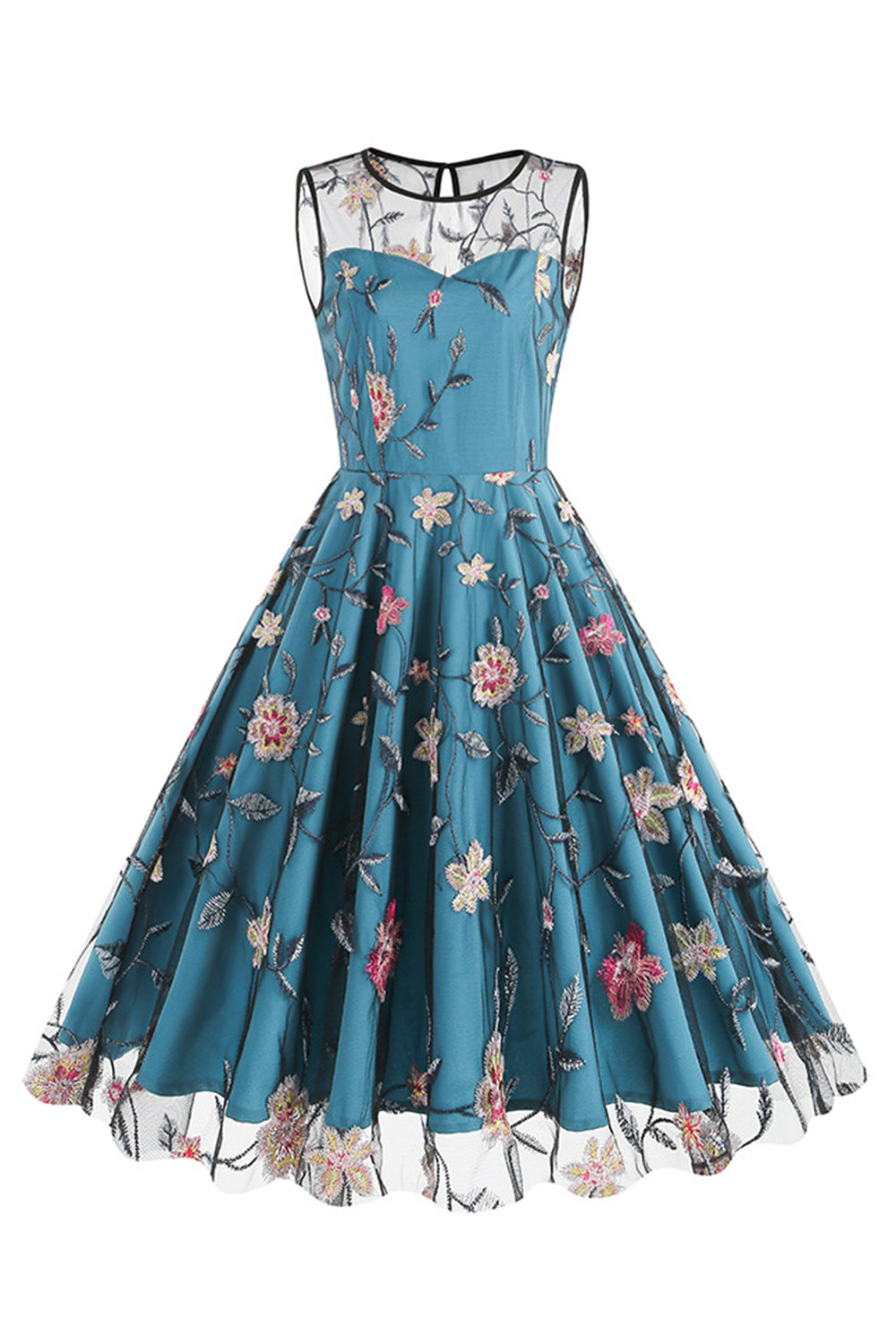 Robe midi vintage abricot sans manches, brodée florale et élégante