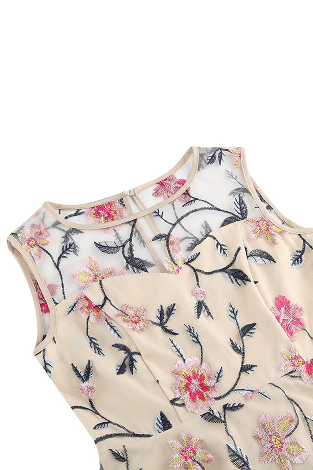 Robe midi vintage abricot sans manches, brodée florale et élégante