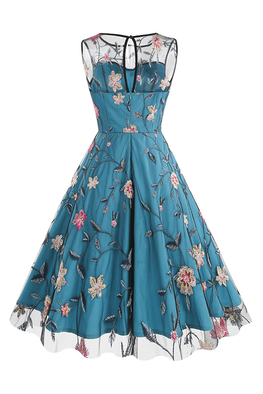 Robe midi vintage abricot sans manches, brodée florale et élégante