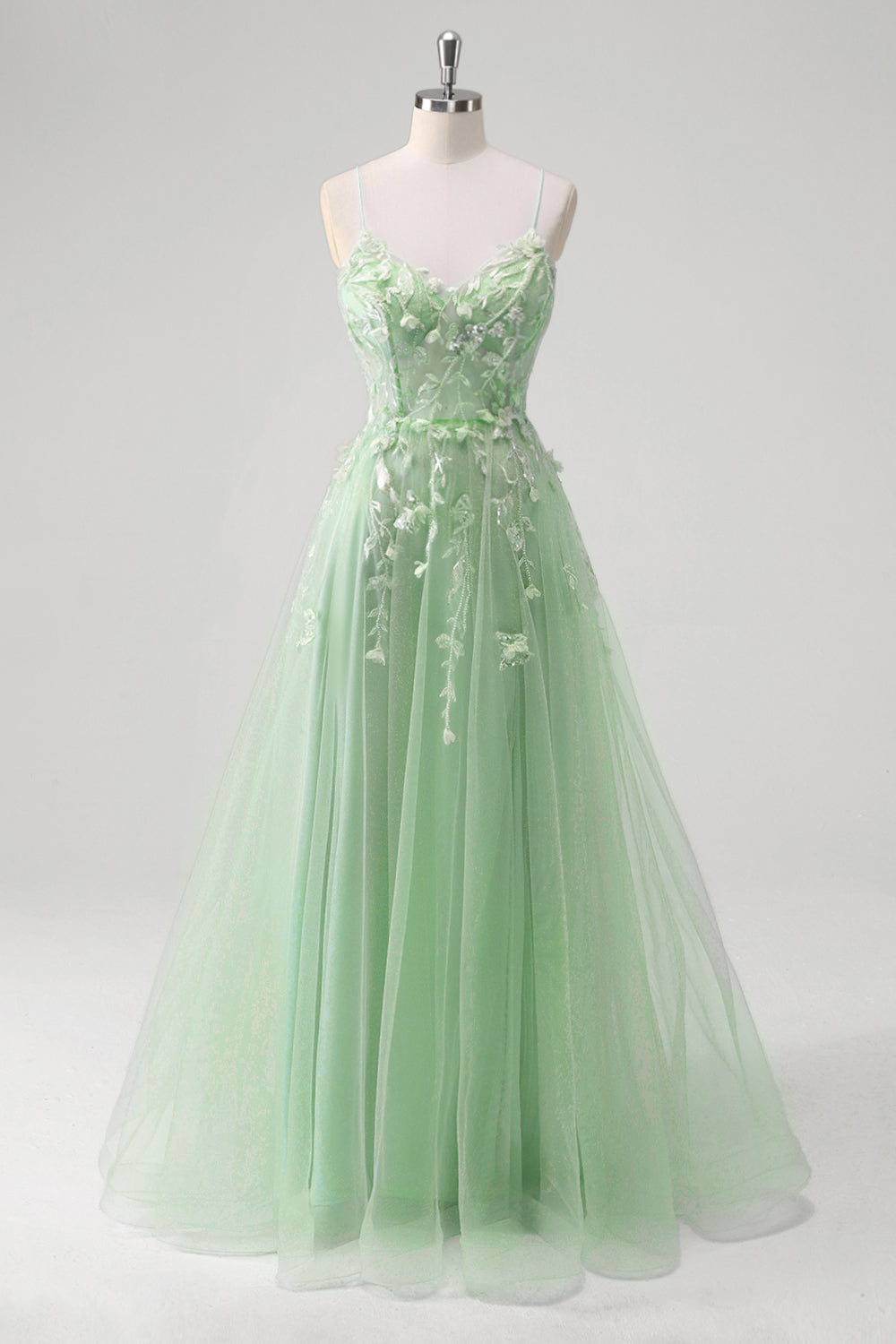 Robe longue bleu A-ligne en tulle avec corset et bretelles fines