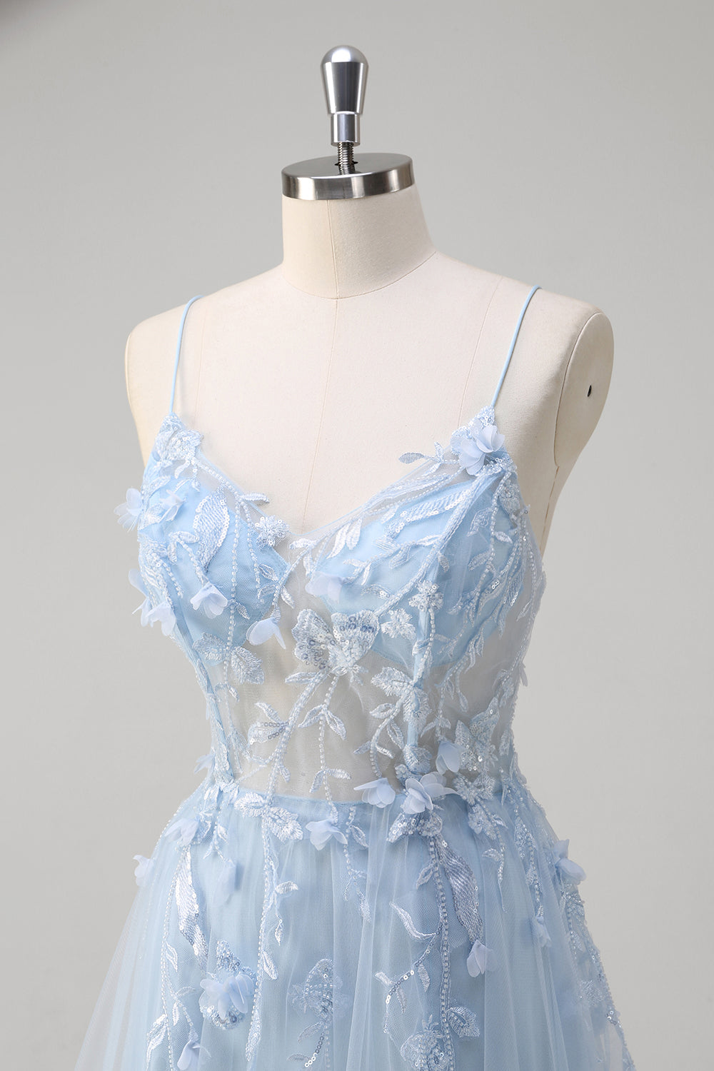 Robe longue bleu A-ligne en tulle avec corset et bretelles fines