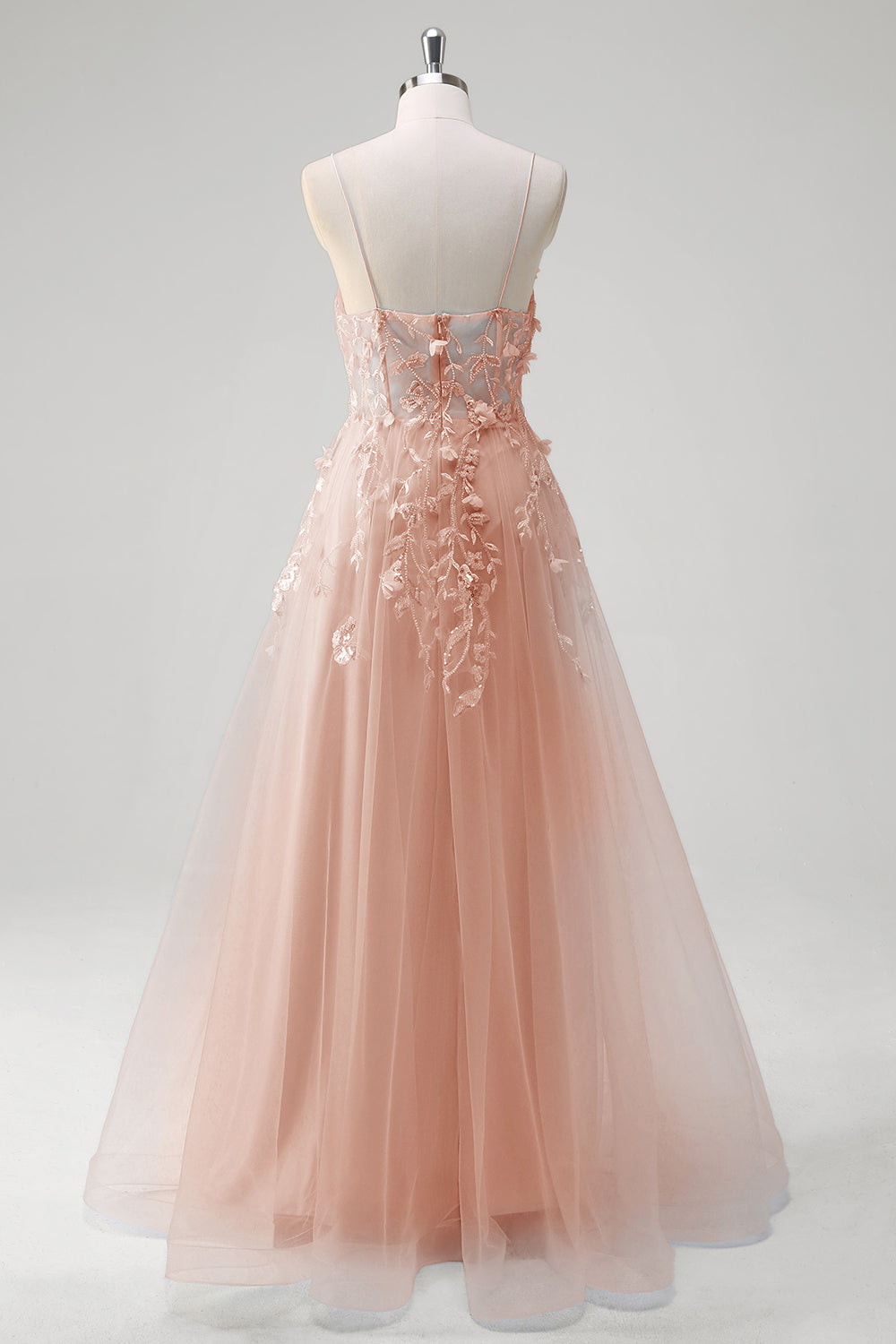 Robe longue bleu A-ligne en tulle avec corset et bretelles fines