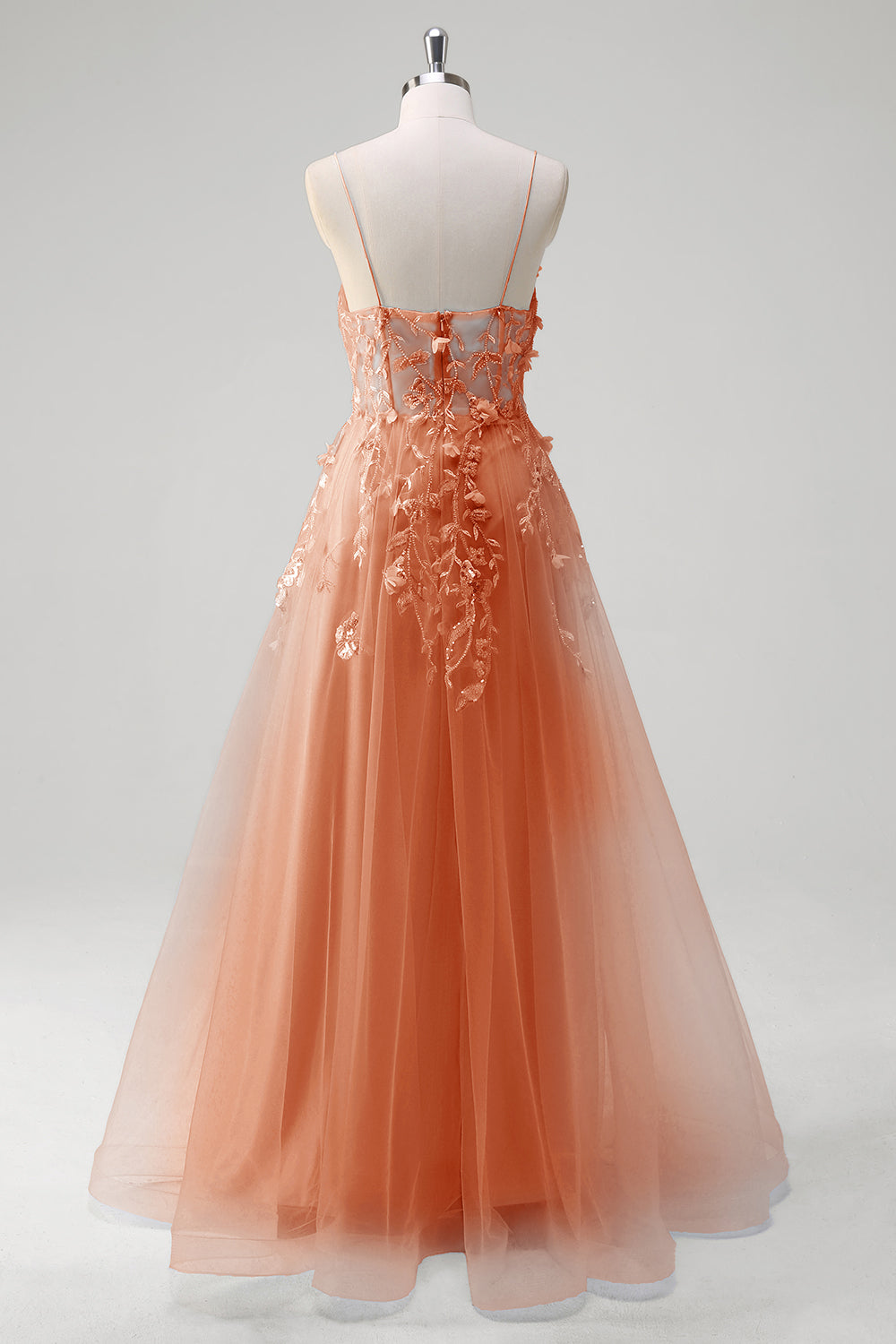 Robe longue bleu A-ligne en tulle avec corset et bretelles fines