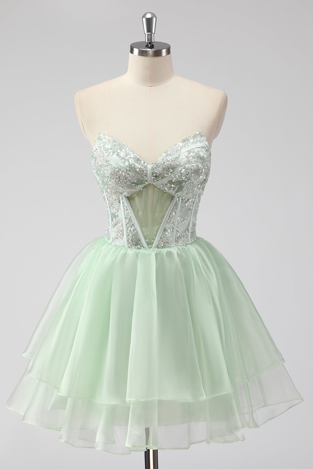 Robe courte vert clair sans bretelles, corset – coupe A-ligne spéciale retrouvailles