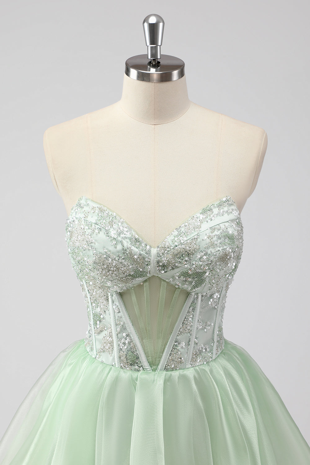 Robe courte vert clair sans bretelles, corset – coupe A-ligne spéciale retrouvailles