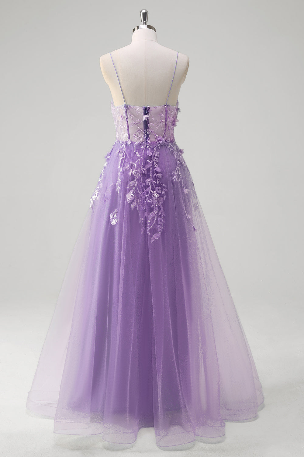 Robe longue bleu A-ligne en tulle avec corset et bretelles fines