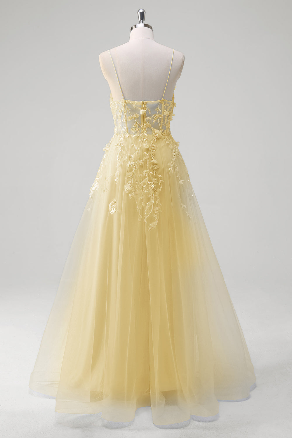 Robe longue bleu A-ligne en tulle avec corset et bretelles fines