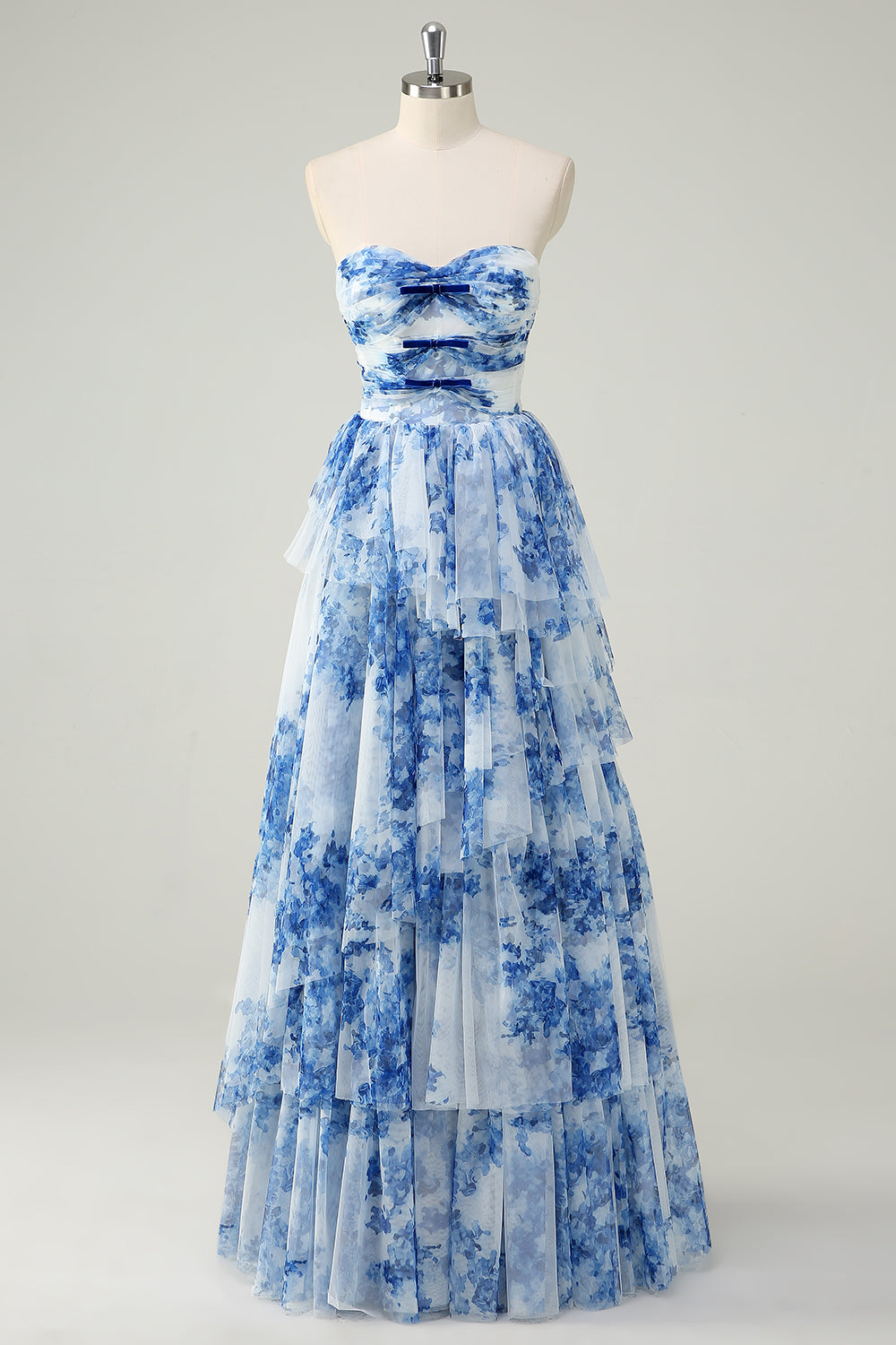 Robe de soirée blanche et bleue à fleurs, A-ligne et sans bretelles à volants