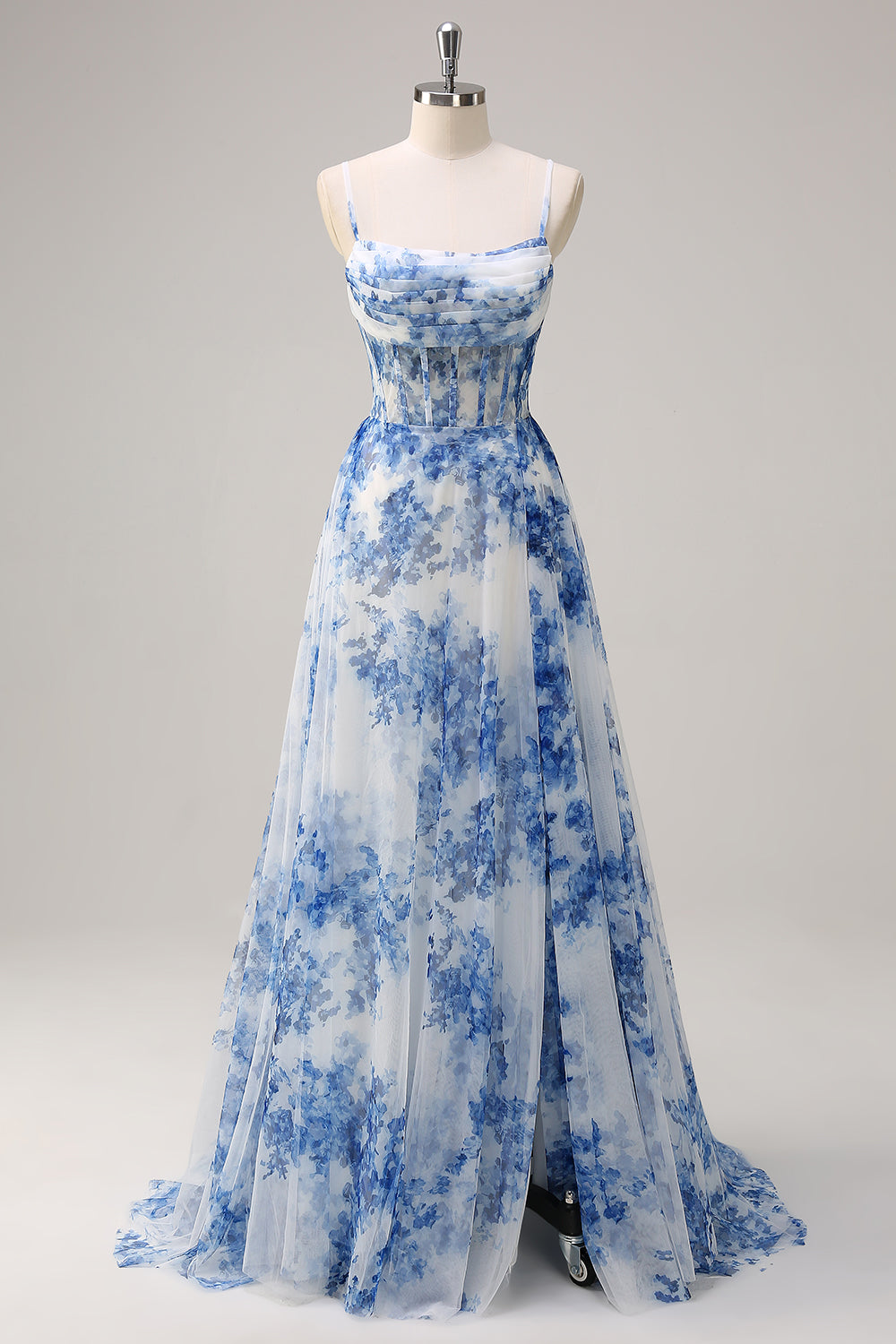 Robe longue blanche à fleurs bleues avec corset, fente et bretelles fines
