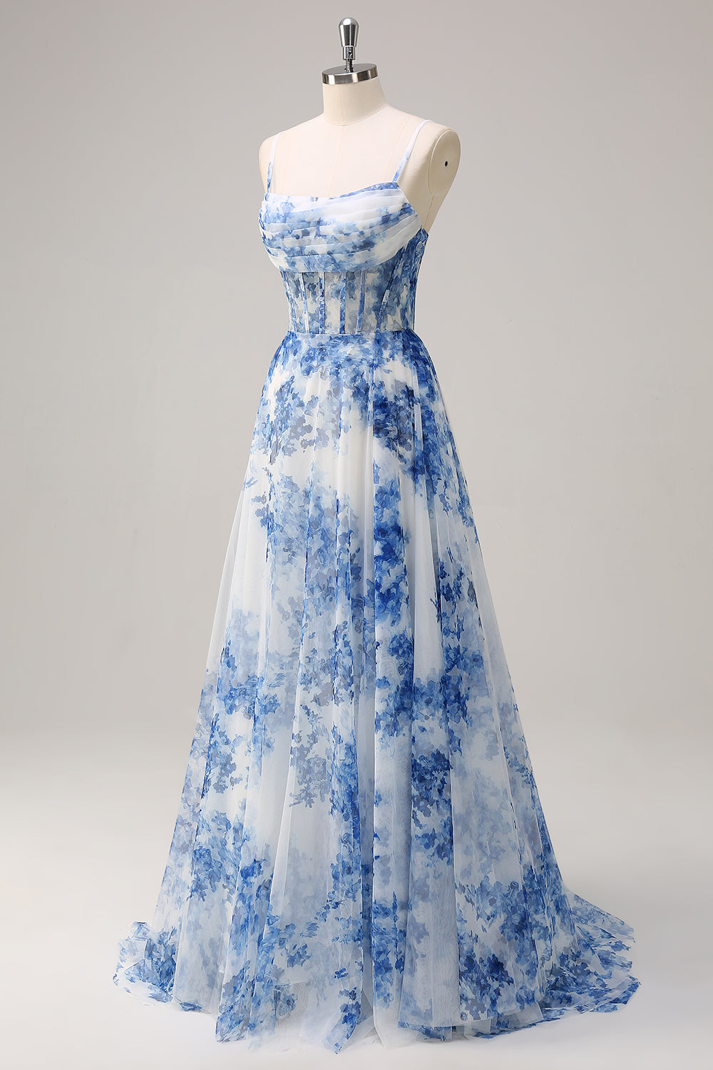 Robe longue blanche à fleurs bleues avec corset, fente et bretelles fines