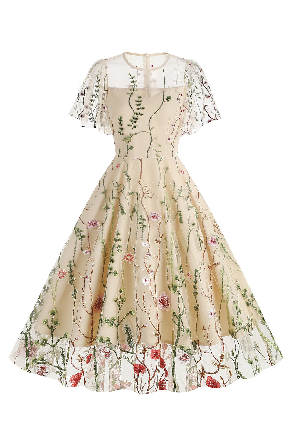 Robe abricot en tulle imprimé, A-ligne à manches courtes style années 50