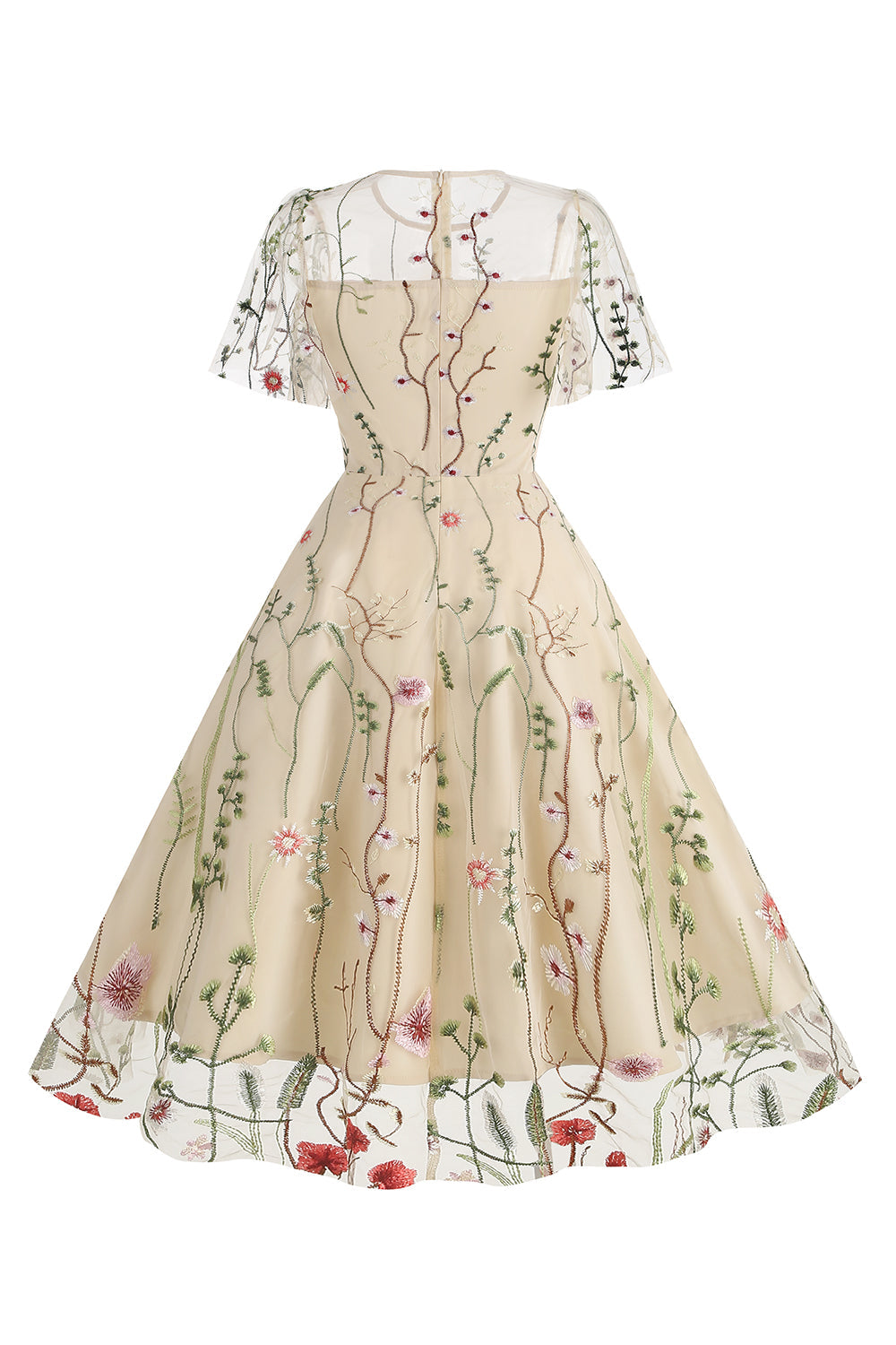 Robe abricot en tulle imprimé, A-ligne à manches courtes style années 50