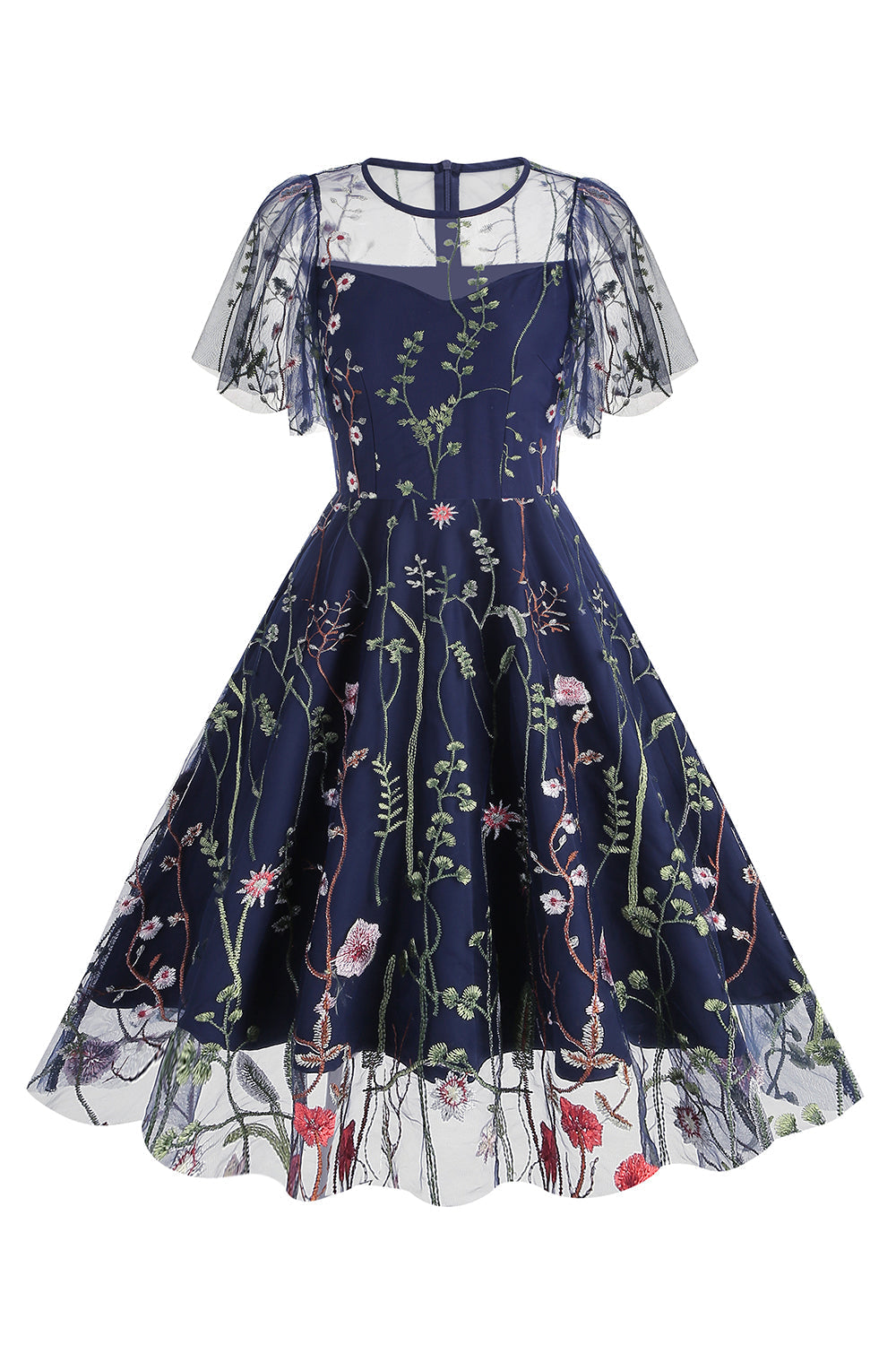 Robe abricot en tulle imprimé, A-ligne à manches courtes style années 50