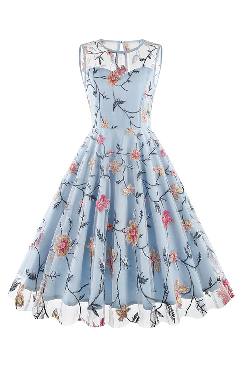 Robe midi vintage abricot sans manches, brodée florale et élégante