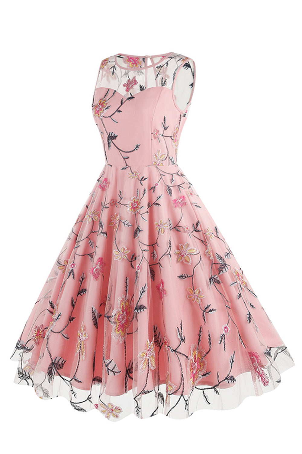 Robe midi vintage abricot sans manches, brodée florale et élégante