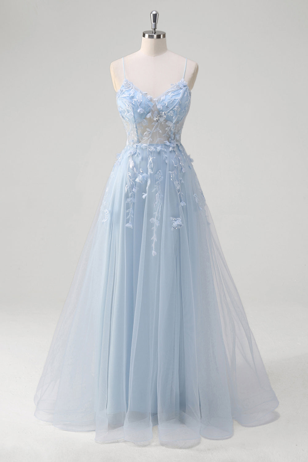 Robe longue bleu A-ligne en tulle avec corset et bretelles fines