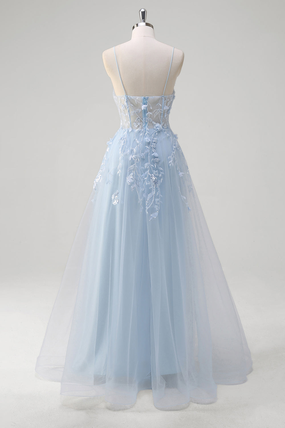 Robe longue bleu A-ligne en tulle avec corset et bretelles fines