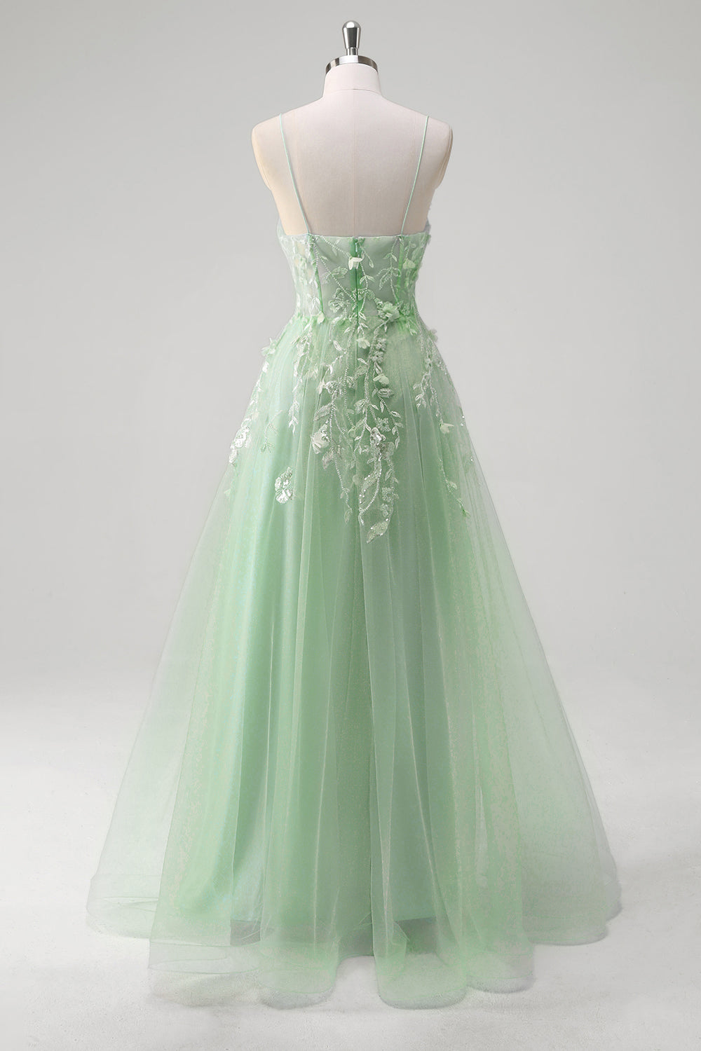 Robe longue bleu A-ligne en tulle avec corset et bretelles fines