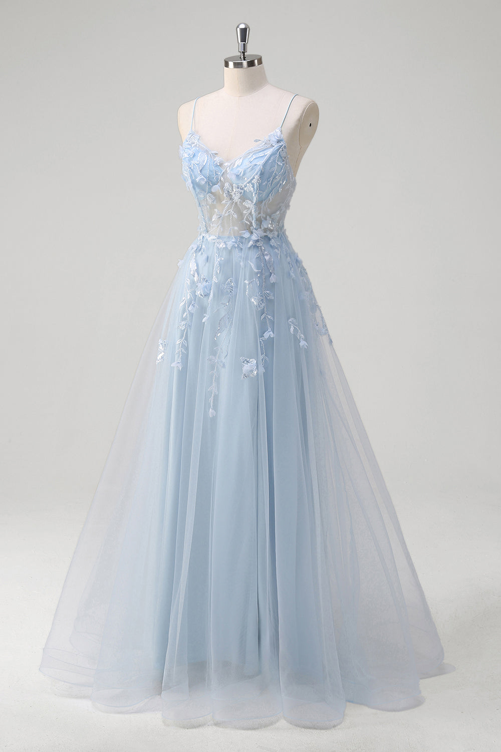 Robe longue bleu A-ligne en tulle avec corset et bretelles fines