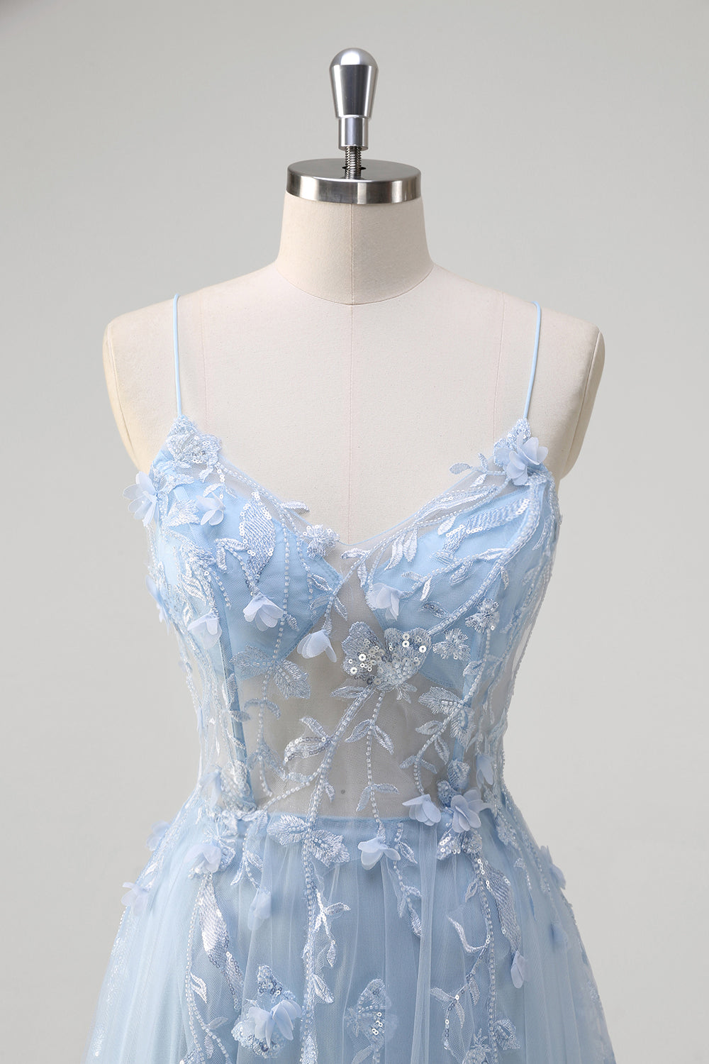 Robe longue bleu A-ligne en tulle avec corset et bretelles fines