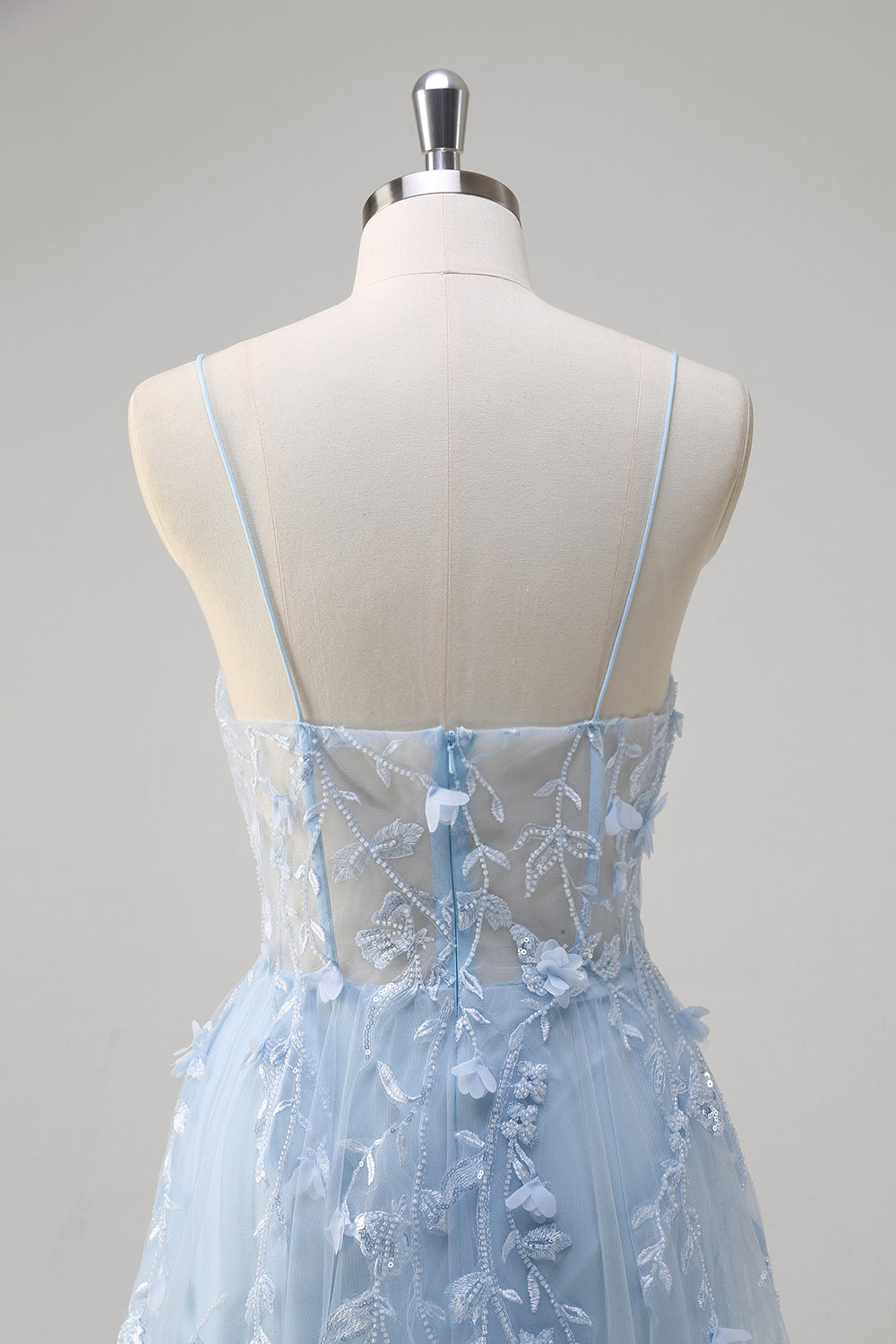 Robe longue bleu A-ligne en tulle avec corset et bretelles fines