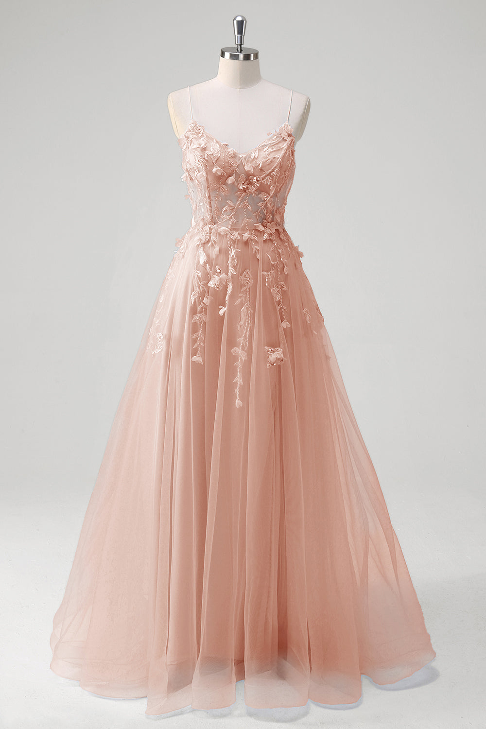 Robe longue bleu A-ligne en tulle avec corset et bretelles fines