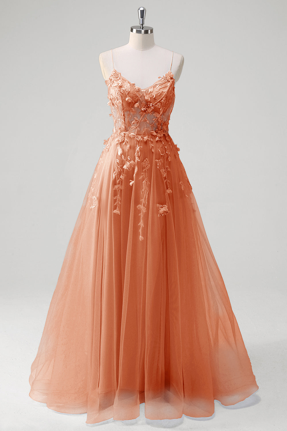 Robe longue bleu A-ligne en tulle avec corset et bretelles fines