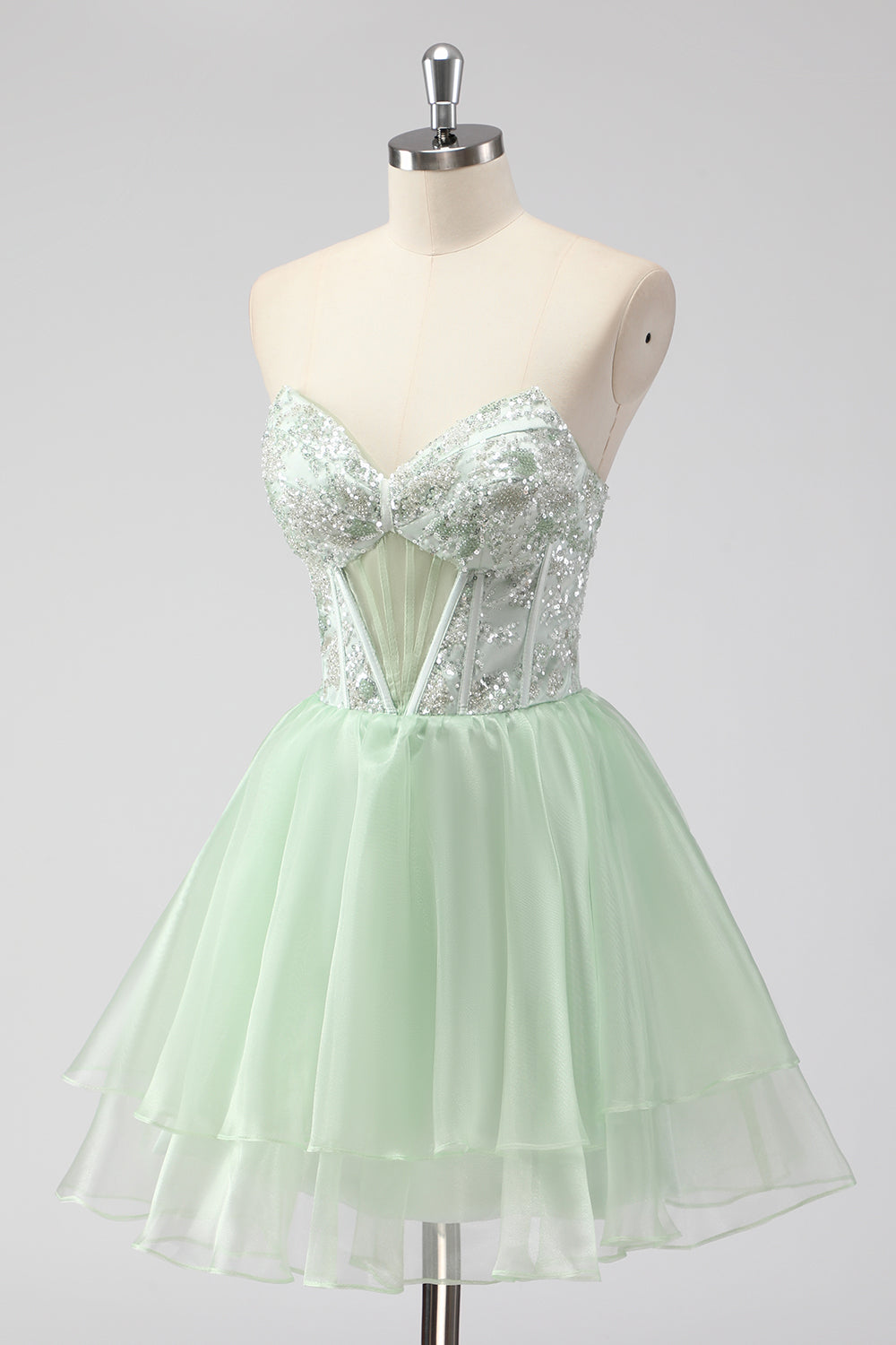 Robe courte vert clair sans bretelles, corset – coupe A-ligne spéciale retrouvailles