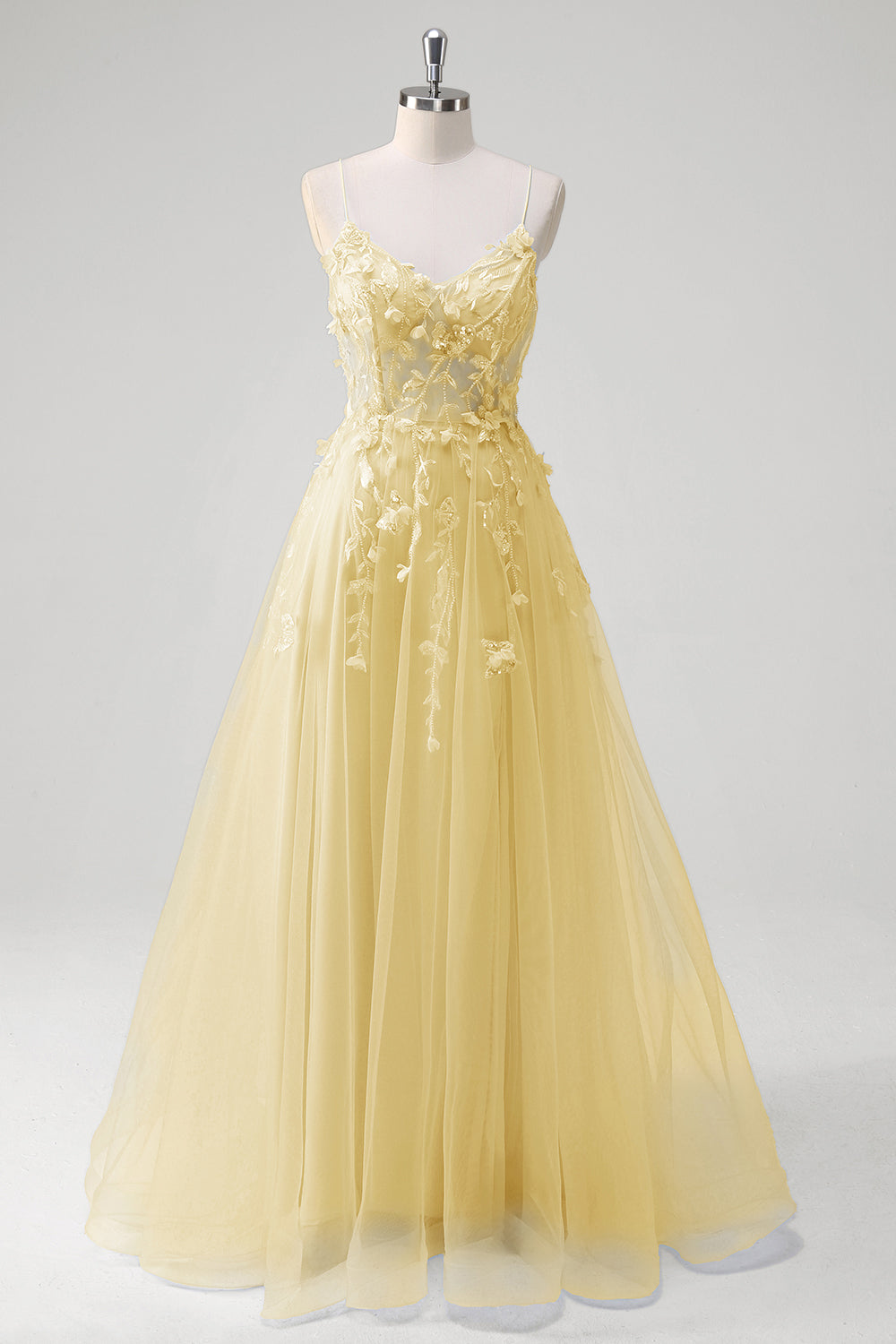 Robe longue bleu A-ligne en tulle avec corset et bretelles fines